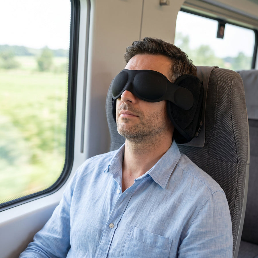 Uomo che dorme in treno con AeroSiesta