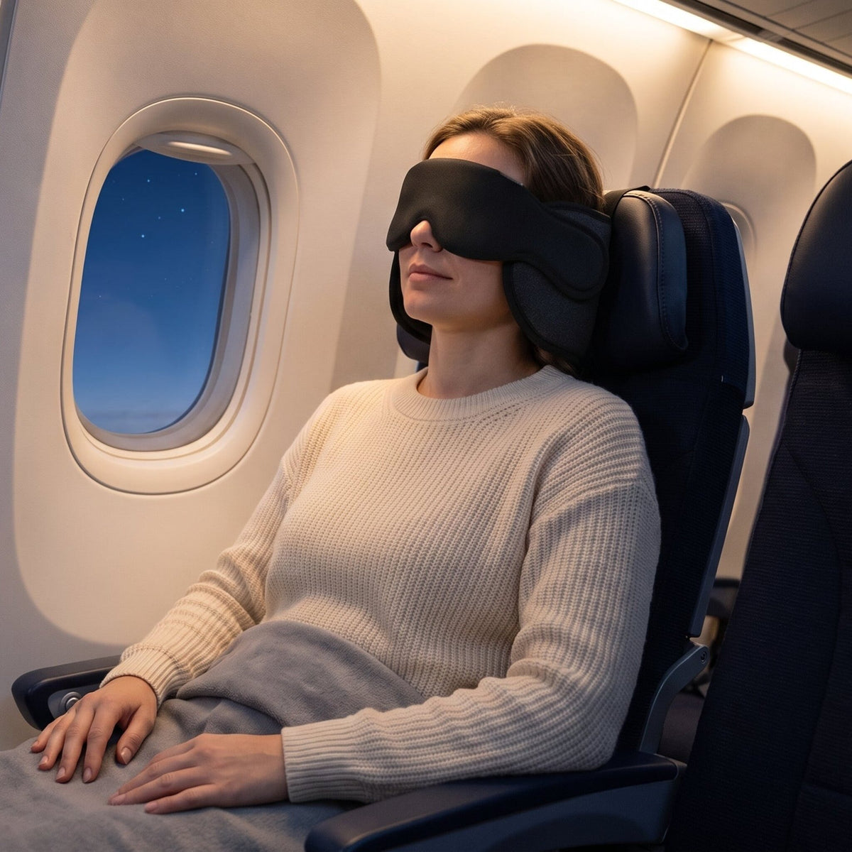 Femme endormie assise lors d’un vol de nuit avec AeroSiesta