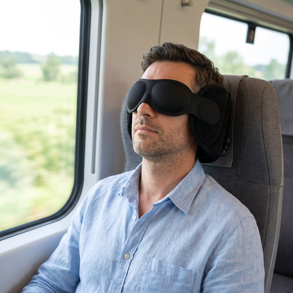 Uomo che dorme in treno con AeroSiesta