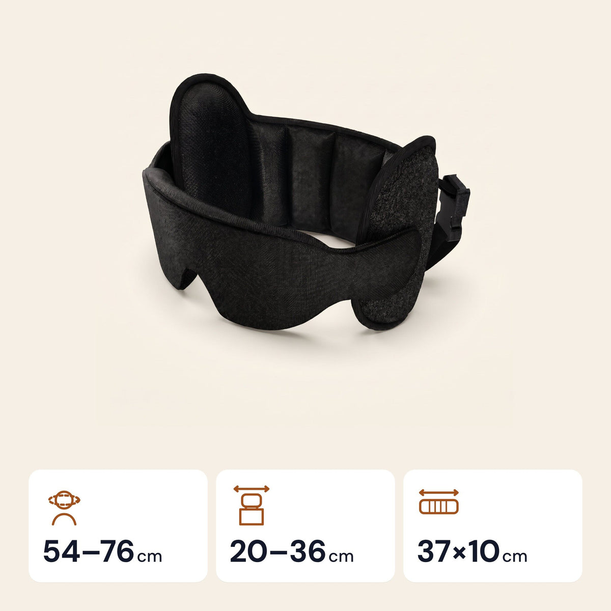 Misure: circonferenza testa 54–76 cm, poggiatesta 20–36 cm, fascia 37 × 10 cm